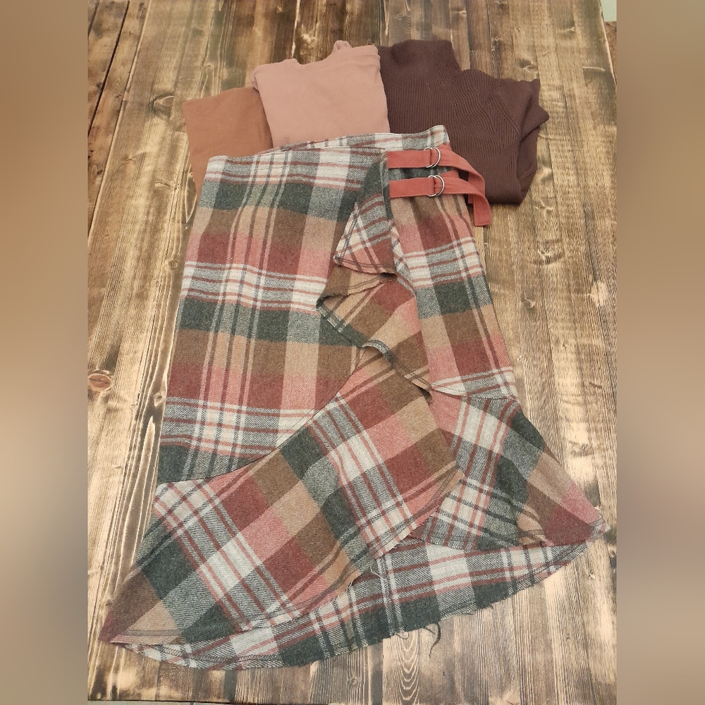 Free People Plaid Wrap Skirt with Buckle Detail